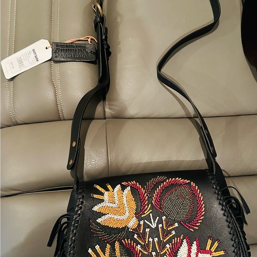 NWT Shyanne Black Leather Crossbody with Multicolor Floral Beading